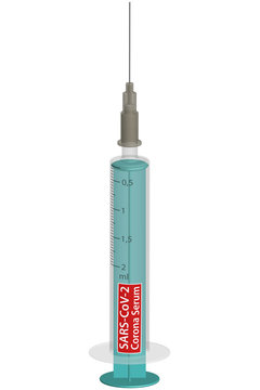 Spritze f&uuml;r Impfung gegen Coronavirus (Covid-19, SARS-CoV-2) mit Aufkleber