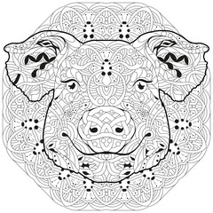 Fototapeta premium Zentangle pig head with mandala. Hand drawn decorative vector illustration for coloring
