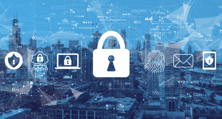 Internet network security concept with downtown Chicago cityscape skyscrapers