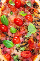 pizza cooked with standard cooked ham and mushrooms