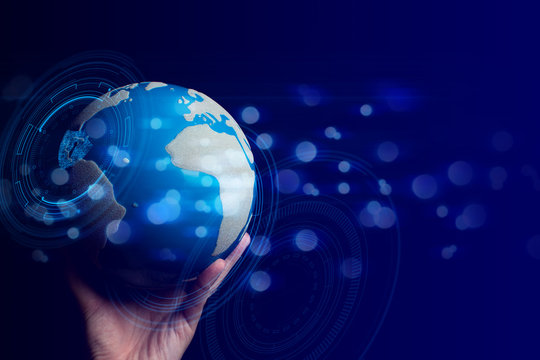 businessman holding the global world for digital social network technology ai business working trade, data processing online internet system security safety hacker concept