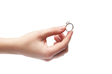 Hand on a white background. Ring in the hand. Big Stone Ring