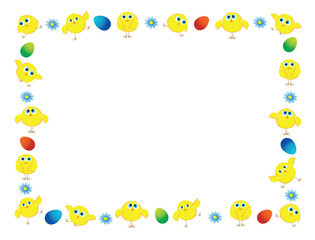 Easter frame with colorful Easter eggs, blue daisies and yellow cheerful dancing chickens.