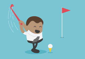 Young African businessman is golfing with confidence.