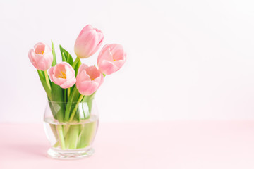 Tender pink tulips in a vase. Greeting card for Mother's day.