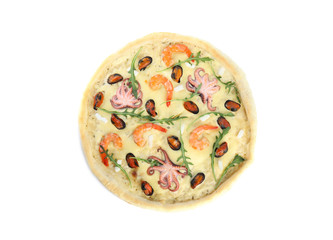 Delicious seafood pizza isolated on white, top view