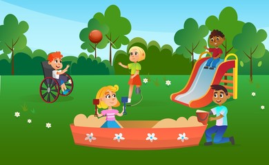 Summer Camp for Children Cartoon Flat Vector Illustration. Group Kids Playing on Playground. Boys and Girls with Disabilities. Boy on Slide. Character with Prosthesis Playing in Sandbox.