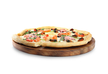 Hot delicious seafood pizza isolated on white