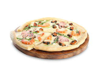 Hot delicious seafood pizza isolated on white