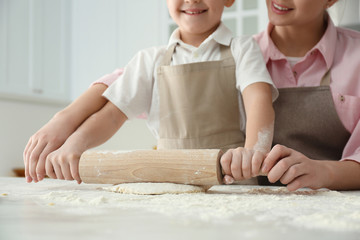 Mother and son cooking together at table, closeup