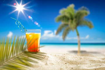 Summer drink on beach and free space for your decoration. 