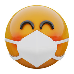 3D render of happy blushing yellow emoji face in medical mask protecting from coronavirus 2019-nCoV, MERS-nCoV, sars, bird flu and other viruses, germs and bacteria and contagious disease.