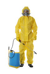 Man wearing protective suit with insecticide sprayer on white background. Pest control