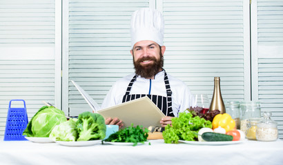 Time for healthy snack. Happy bearded man. chef recipe. Dieting organic food. Vegetarian salad with fresh vegetables. Healthy food cooking. Mature hipster with beard. Cuisine culinary. Vitamin