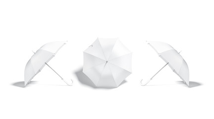Blank white open umbrella mockup lying, side and back view