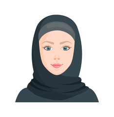 European fair-skinned woman in hijab. Muslim woman in traditional islamic clothing. Vector illustration in cartoon style. Avatar on a white background.