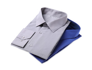 Stylish shirts isolated on white. Dry-cleaning service