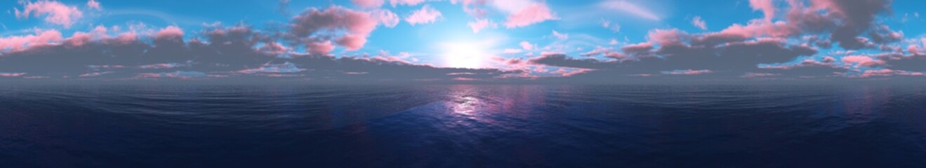 Beautiful panoramic sunset at sea, ocean landscape at sunrise, 3D rendering