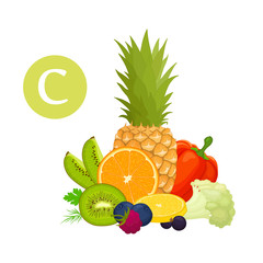 Content of vitamins C in various foods. Information banner on the theme of healthy eating and diet. Vector illustration in cartoon style. A set of products containing vitamin C.