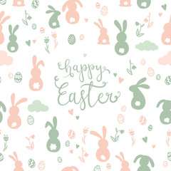 Cute hand drawn Easter Card design with Easter eggs, flowers and bunnies.