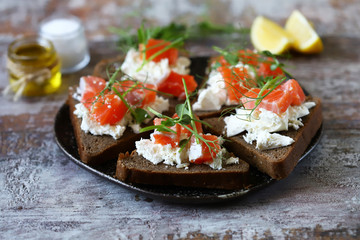 Toasts with salmon and white cheese on a plate. Keto diet. Keto toasts.