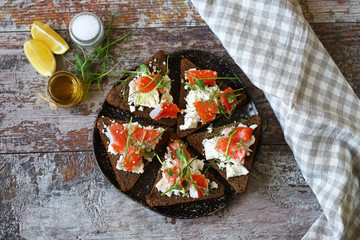 Toasts with salmon and white cheese on a plate. Keto diet. Keto toasts.