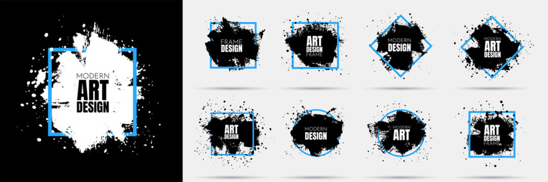 Grunge banners set. Black paint. Vector background for text. Brush ink stroke. Isolated square white frame. Element for design poster, cover, invitation, gift card, flyer, social media, promotion.