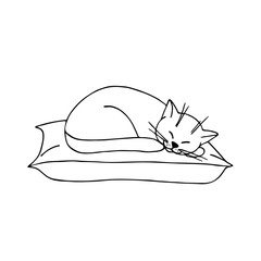 Hand drawn vector. Cute cat is sleeping and smiling. The kitten is lying on the pillow. Silhouette in Doodle style, black lines, sketch. For decoration, coloring for children, logo.