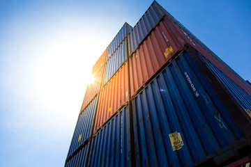 Marine and carrier insurance concept. Cargo container yard. cargo shipping container box in logistic shipping yard. colorful cargo container stacks in shipping port.