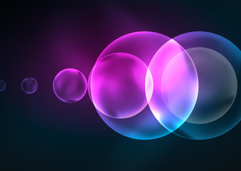 Glowing neon shiny transparent bubbles, glass circles or bio cell concept. Techno futuristic vector abstract background For Wallpaper, Banner, Background, Card, Book Illustration, landing page