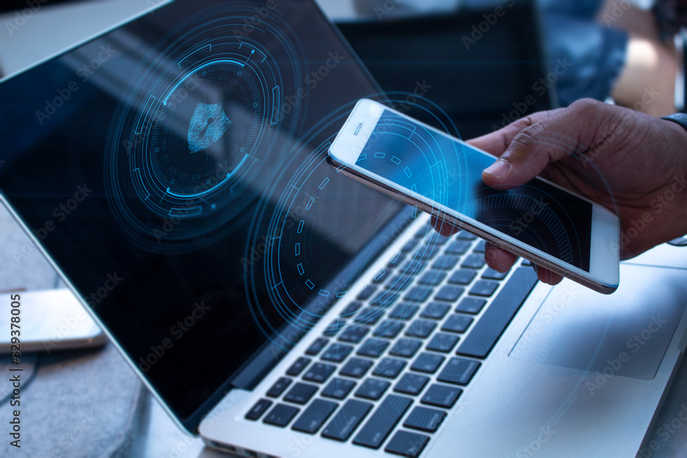 Poster businessman and smartphone mobile and laptop notebook computer in network social online connect to d