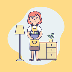 Professional Cleaning Service, Housework Concept. Woman In Uniform Ready To Clean Home And Office. Girl is Standing With Box With Cleaning Products. Cartoon Outline Linear Flat Vector Illustration