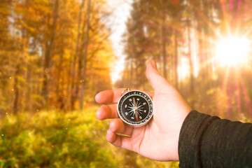hand holding compass, orienting in leafy forest