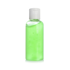 Bottle of antibacterial hand gel on white background