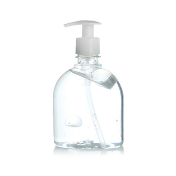 Bottle of antibacterial hand gel on white background