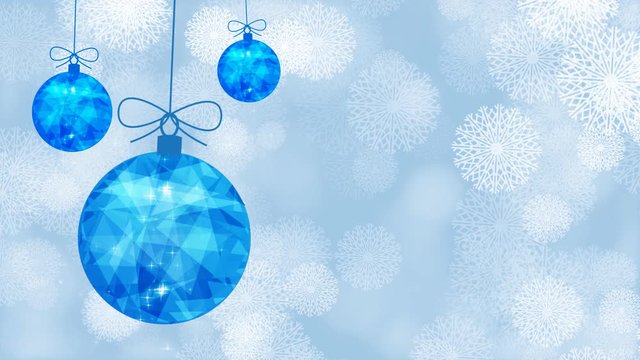 Easy swaying of Christmas blue balls. New Year polygonal balls. Snowfall. Snow 