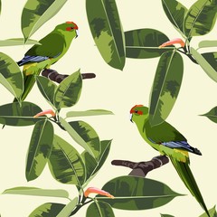 Tropical floral print. Green parrot bird in the jungle, exotic forest, seamless pattern for fashion, wallpaoer and all prints on yellow backdrop.