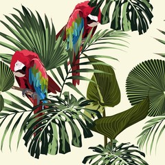 Obrazy na Szkle  Tropikalny kwiatowy nadruk. Papuga ptak w dżungli w egzotycznym lesie, wzór na modę, tapetę i wszystkie nadruki na jasnym tle.