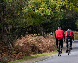  two cyclists riding on a countryside road in the new forest hampshire