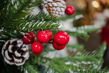 Red berries and frosted pine cones on a christmas tree