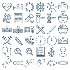 Medical icons set. Vector line art medicine symbols. Set of 36 health care thin line icons isolated on white background.