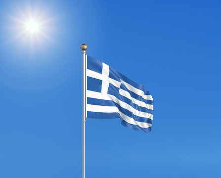 3D illustration. Colored waving flag of Greece on sunny blue sky background.