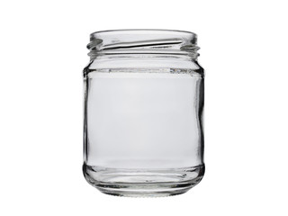 Open empty glass food jar, isolated on a white background
