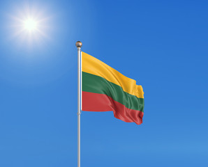 3D illustration. Colored waving flag of Lithuania on sunny blue sky background.