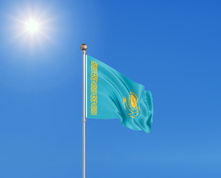 3D illustration. Colored waving flag of Kazakhstan on sunny blue sky background.