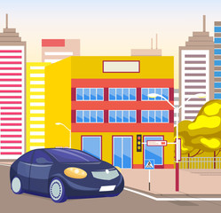 City street with car on it. Vehicle turning right. Skyscraper of modern town with developed architecture. Automobile passing houses and supermarkets. Auto on road. Vector in isometric 3D style