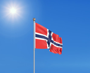 3D illustration. Colored waving flag of Norway on sunny blue sky background.