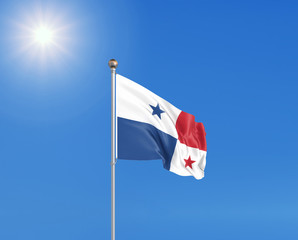3D illustration. Colored waving flag of Panama on sunny blue sky background.