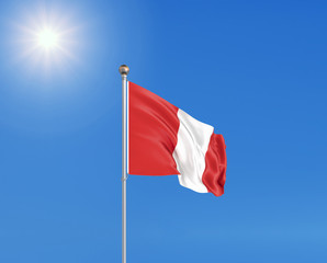 3D illustration. Colored waving flag of Peru on sunny blue sky background.