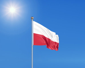 Fototapeta na wymiar 3D illustration. Colored waving flag of Poland on sunny blue sky background.